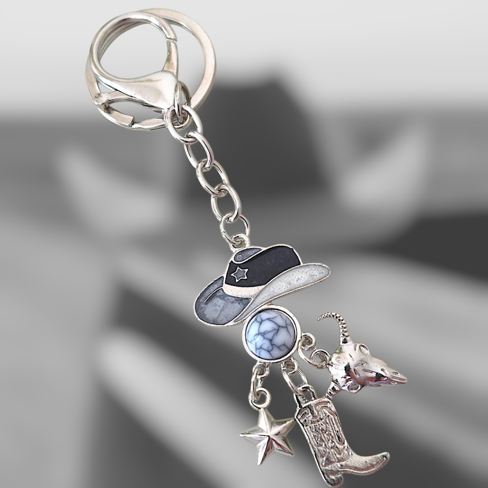 Western Bag Charm / Keychain With Gray Hat & Charms